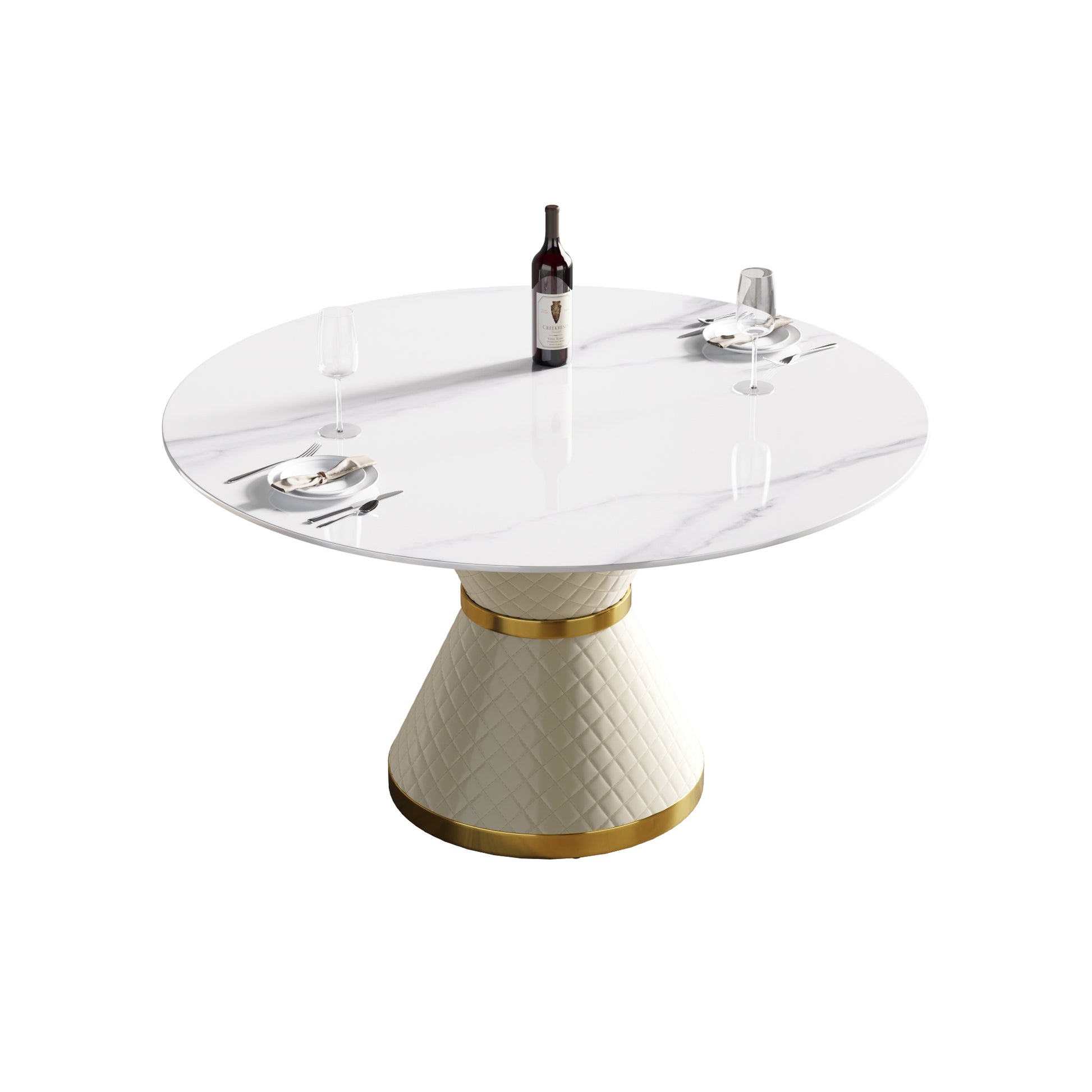 53.15"Modern Artificial Stone Round White Carbon Steel Base Dining Table Can Accommodate 6 People White Metal Sintered Stone