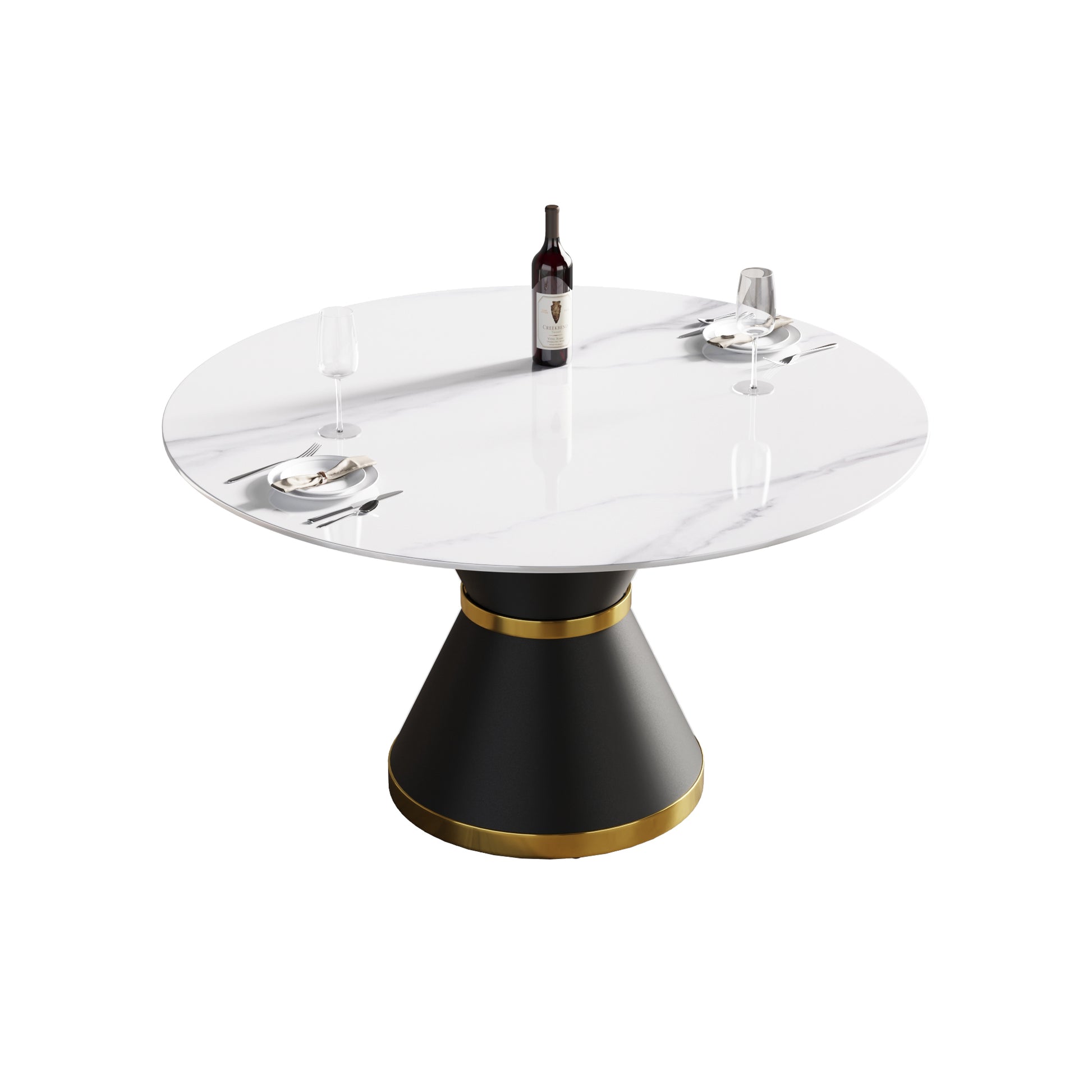 53.15"Modern Artificial Stone Round Black Carbon Steel Base Dining Table Can Accommodate 6 People White Metal Sintered Stone