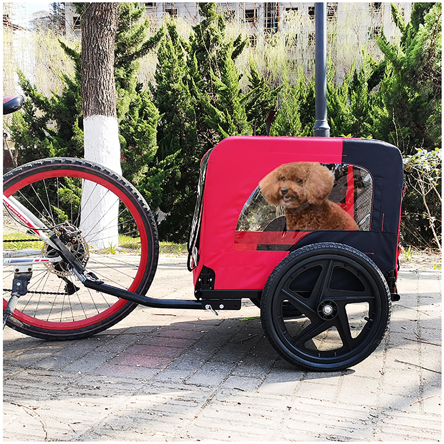 Bicycle Trailer For Pets Outdoor Foldable Red Color Dog Trailer With Reflectors And Safty Flag Red Oxford Fabric Steel