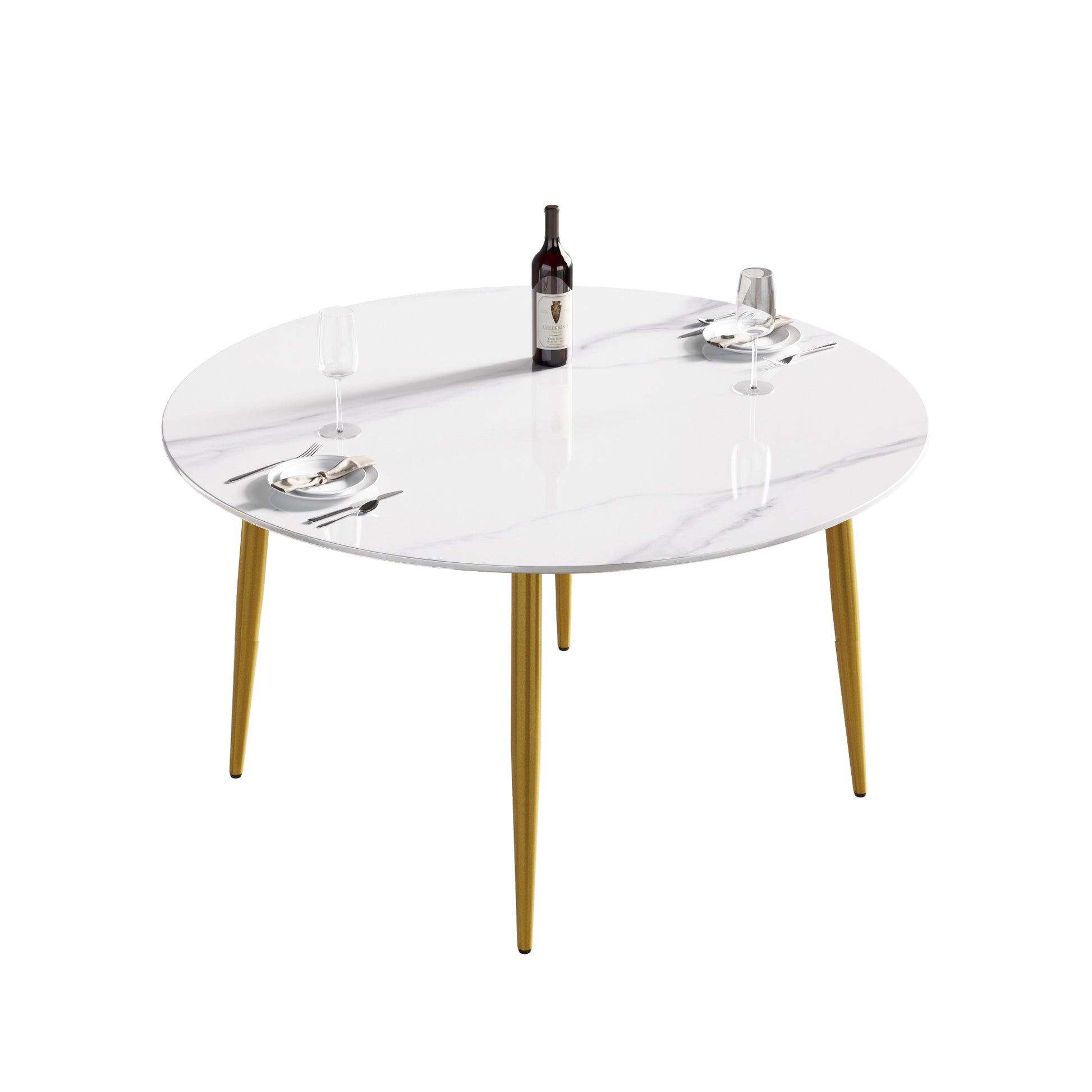 53.15"Modern Man Made Stone Round Golden Metal Dining Table Position For 6 People White Metal Sintered Stone