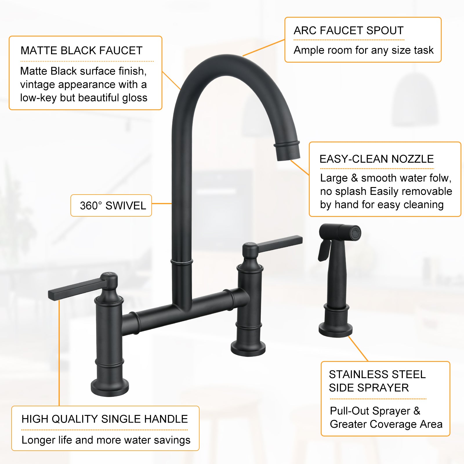 Double Handle Bridge Kitchen Faucet With Side Spray Matte Black Stainless Steel