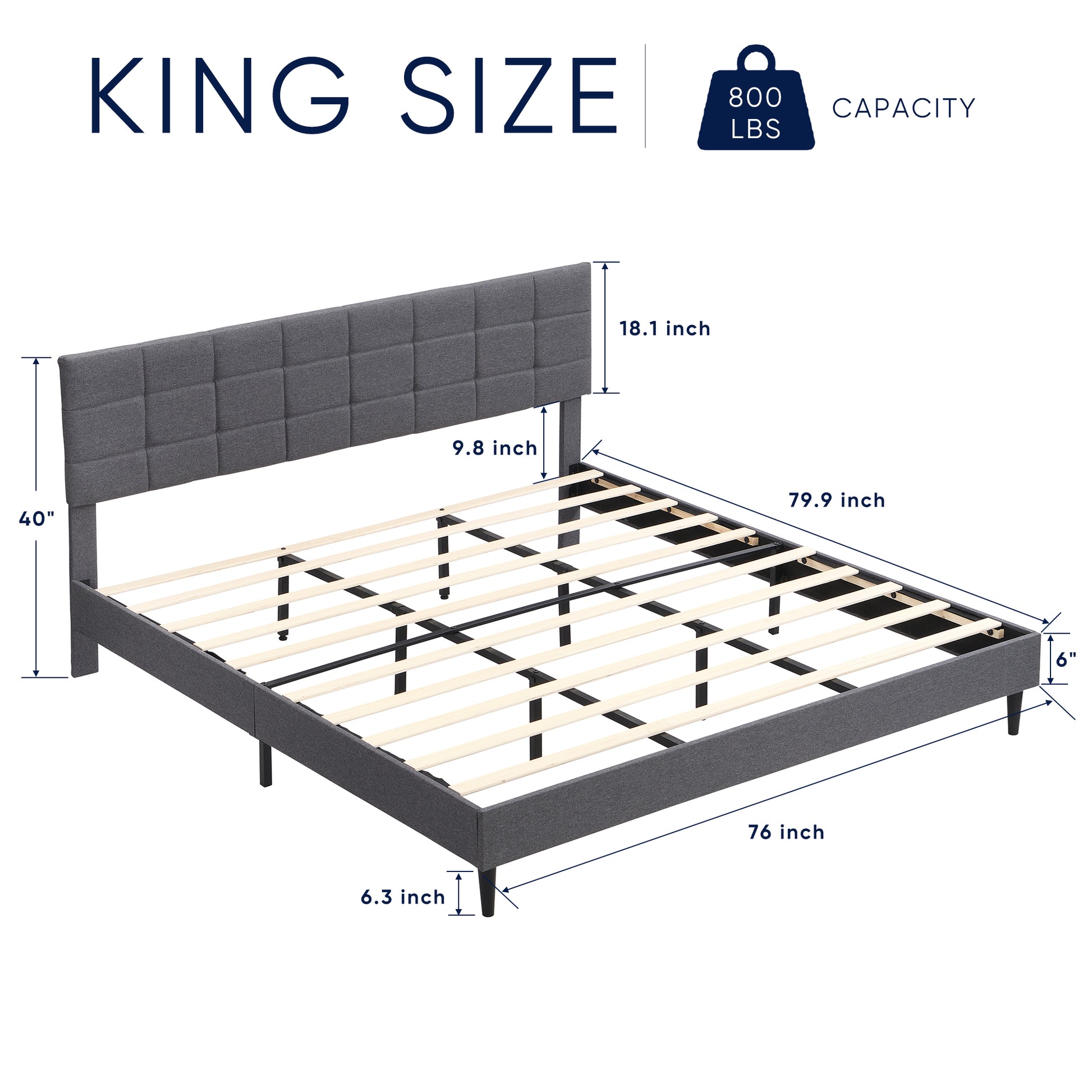 King Size Platform Bed Frame With Fabric Upholstered Headboard And Wooden Slats, No Box Spring Needed Easy Assembly, Dark Grey Grey Metal & Wood