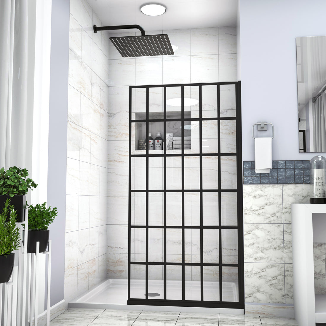 Shower Door 38" W X 72" H Single Panel Frameless Fixed Shower Door, Open Entry Design In Matte Black Matte Black Glass