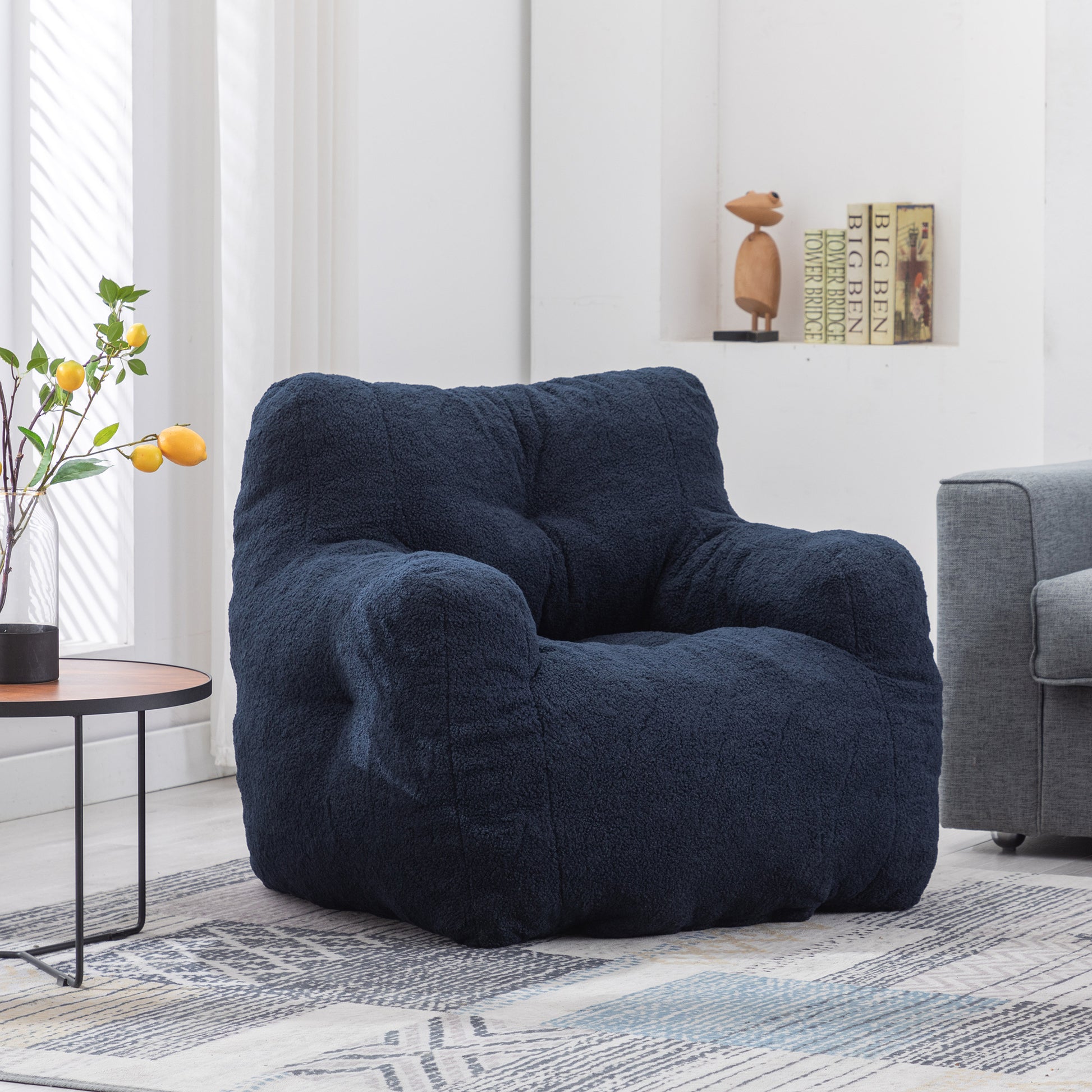 010 Soft Teddy Fabric Tufted Foam Bean Bag Chair With Teddy Fabric Dark Blue Dark Blue Primary Living Space Soft Modern Foam Teddy