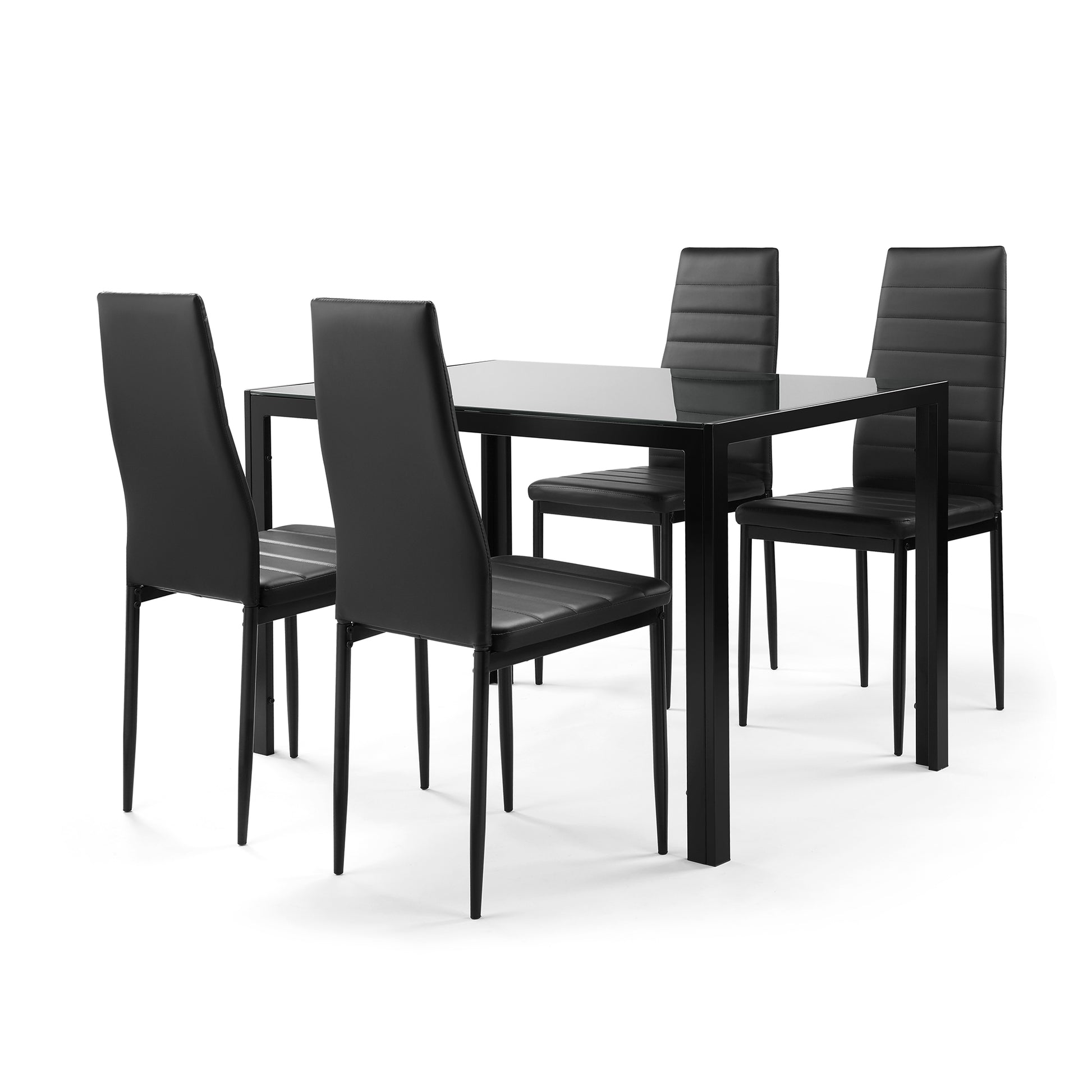 5 Pieces Dining Table Set For 4,Kitchen Room Tempered Glass Dining Table ,4 Faux Leather Chairs ,Black Black Glass