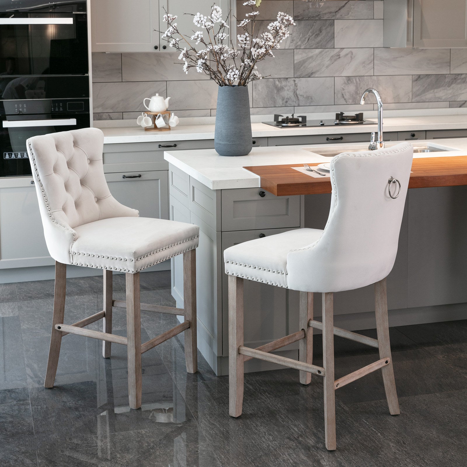 Contemporary Velvet Upholstered Barstools With Button Tufted Decoration And Wooden Legs, And Chrome Trim, Leisure Style Bar Chairs,Bar Stools, Set Of 2 Beige ,Sw2002Bg Beige Seats 2 Dining Room American Design Rubberwood Foam Velvet