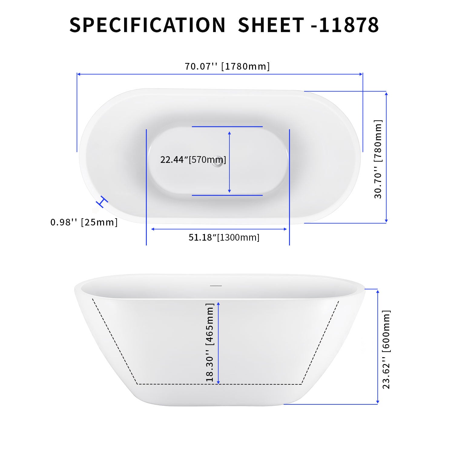 70" 100% Acrylic Freestanding Bathtub,Contemporary Soaking Tub,White Bathtub White Acrylic