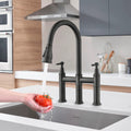 Double Handle Bridge Kitchen Faucet With Pull Down Spray Head Matte Black Stainless Steel