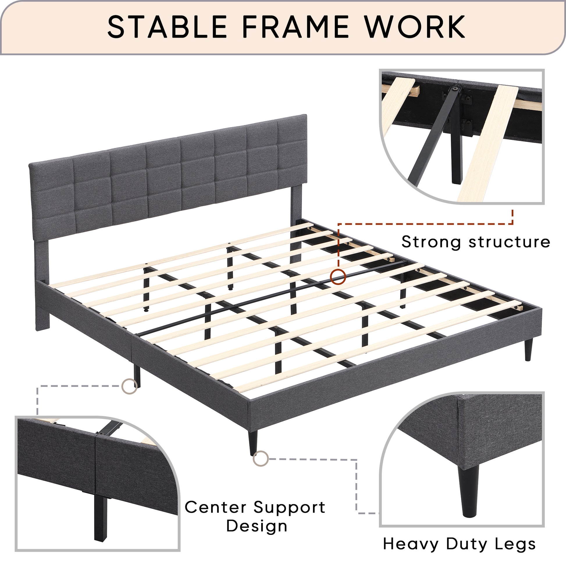 King Size Platform Bed Frame With Fabric Upholstered Headboard And Wooden Slats, No Box Spring Needed Easy Assembly, Dark Grey Grey Metal & Wood