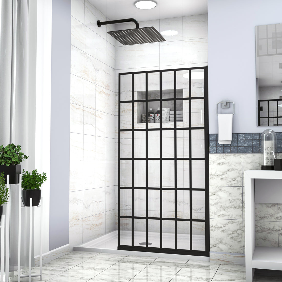 Shower Door 38" W x 72" H Single Panel Frameless Fixed matte black-glass