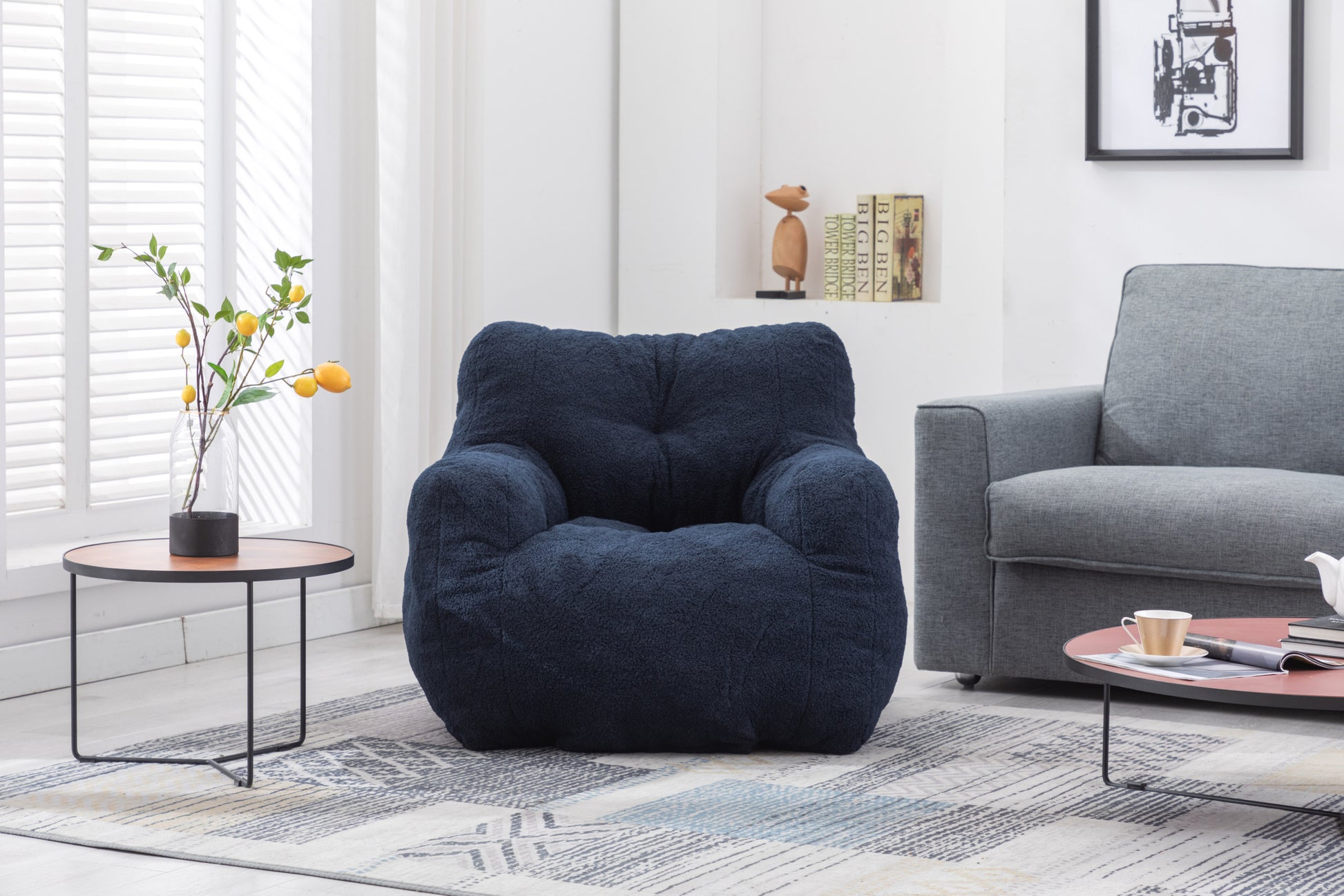 010 Soft Teddy Fabric Tufted Foam Bean Bag Chair With Teddy Fabric Dark Blue Dark Blue Primary Living Space Soft Modern Foam Teddy