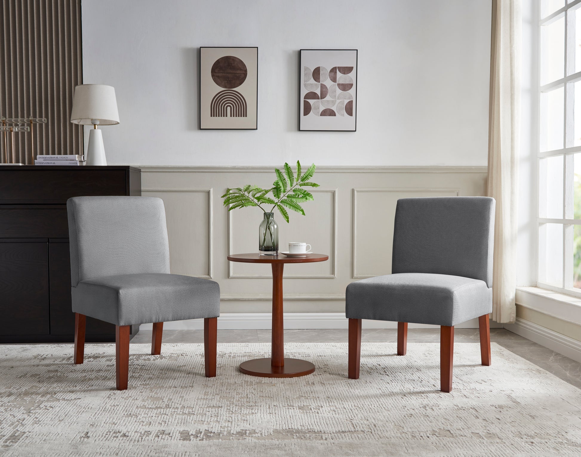 Fabric Accent Chair Set Of With Round Wood Table, Decorative Slipper