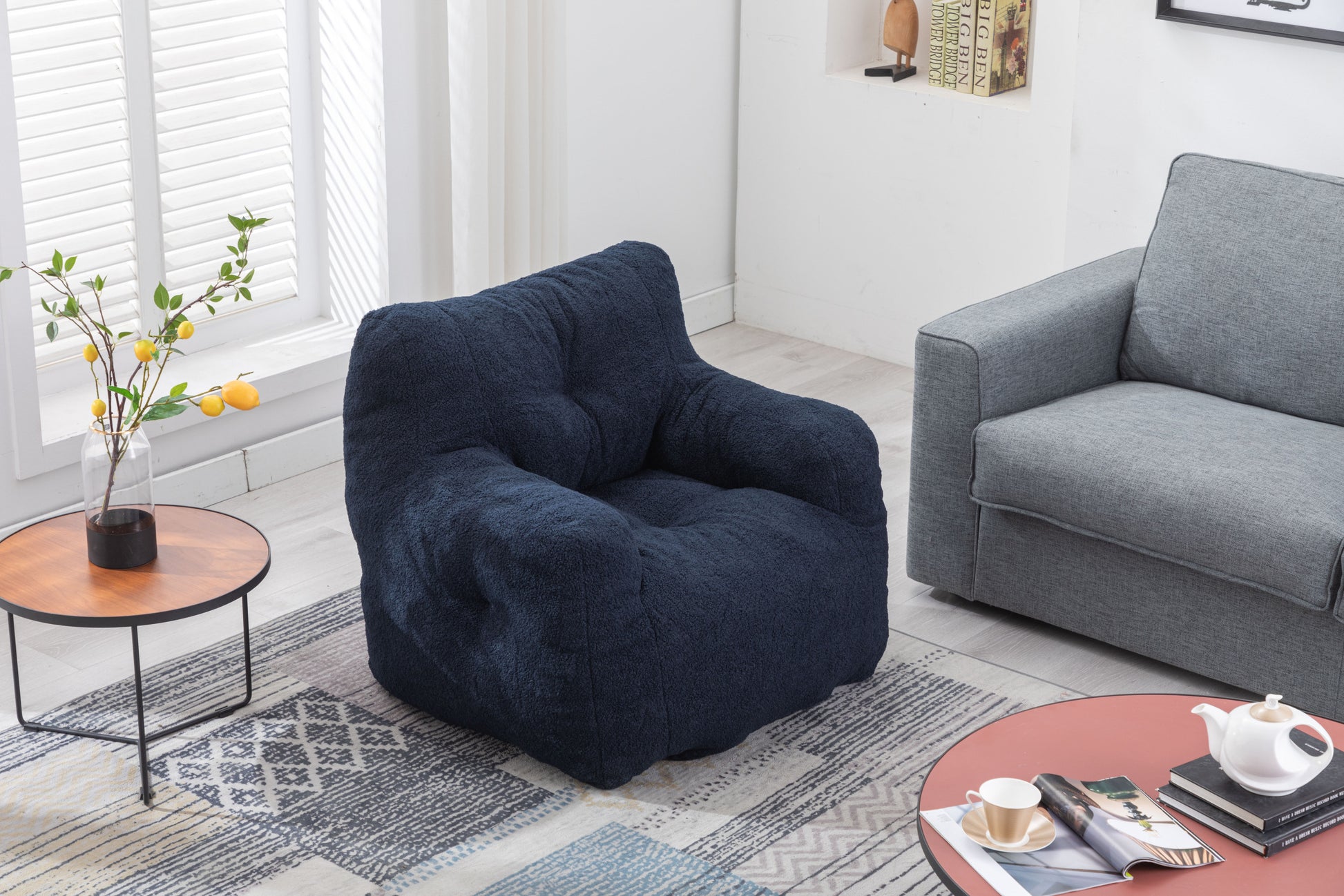 010 Soft Teddy Fabric Tufted Foam Bean Bag Chair With Teddy Fabric Dark Blue Dark Blue Primary Living Space Soft Modern Foam Teddy