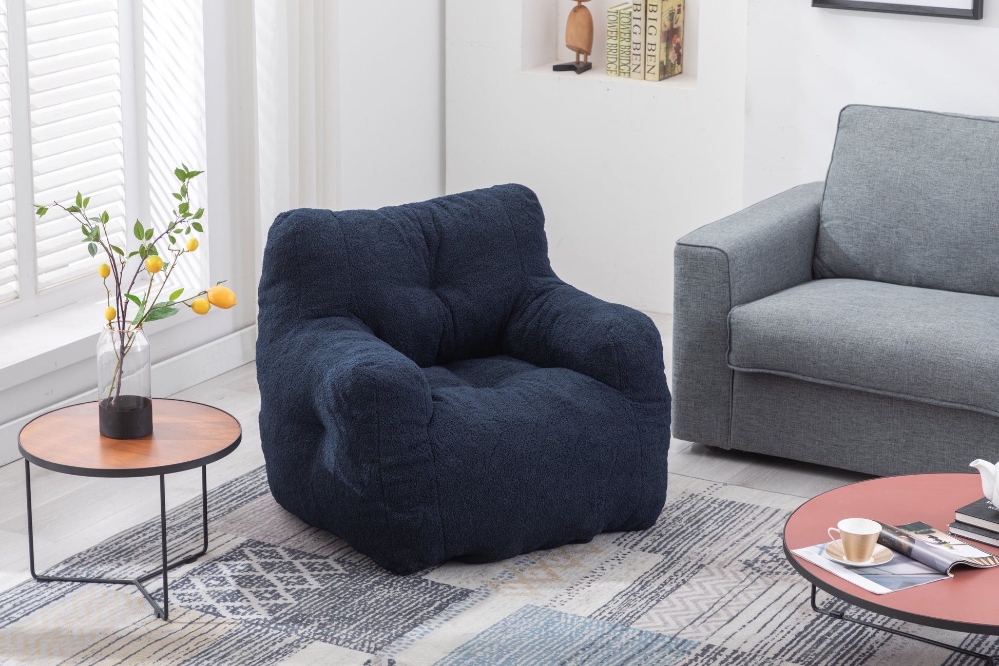 010 Soft Teddy Fabric Tufted Foam Bean Bag Chair With Teddy Fabric Dark Blue Dark Blue Primary Living Space Soft Modern Foam Teddy