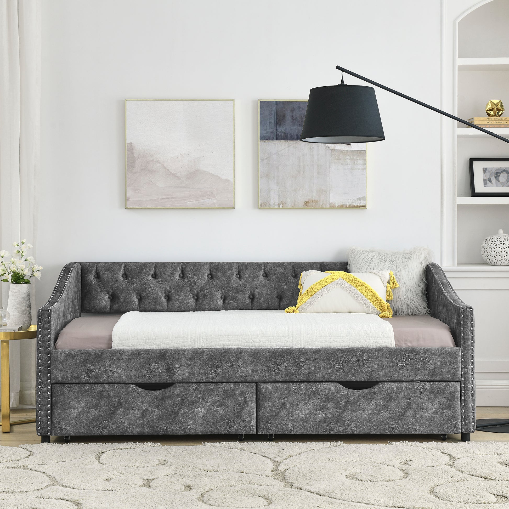 Twin Size Daybed With Drawers Upholstered Tufted Sofa Bed, With Button On Back And Copper Nail On Waved Shape Arms, Grey 81.5''X4''X30.5'' Grey Polyester