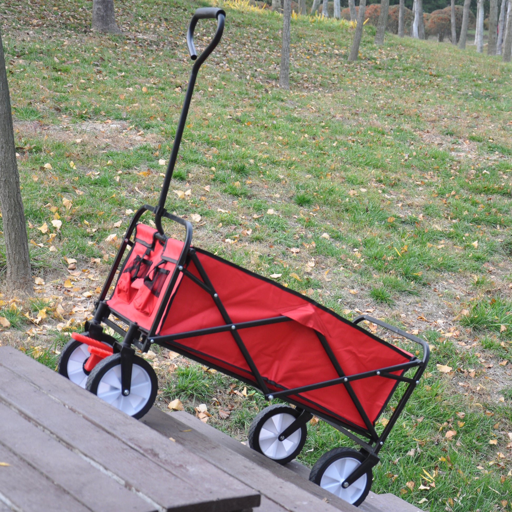 Folding Wagon Garden Shopping Beach Cart Red Red Metal