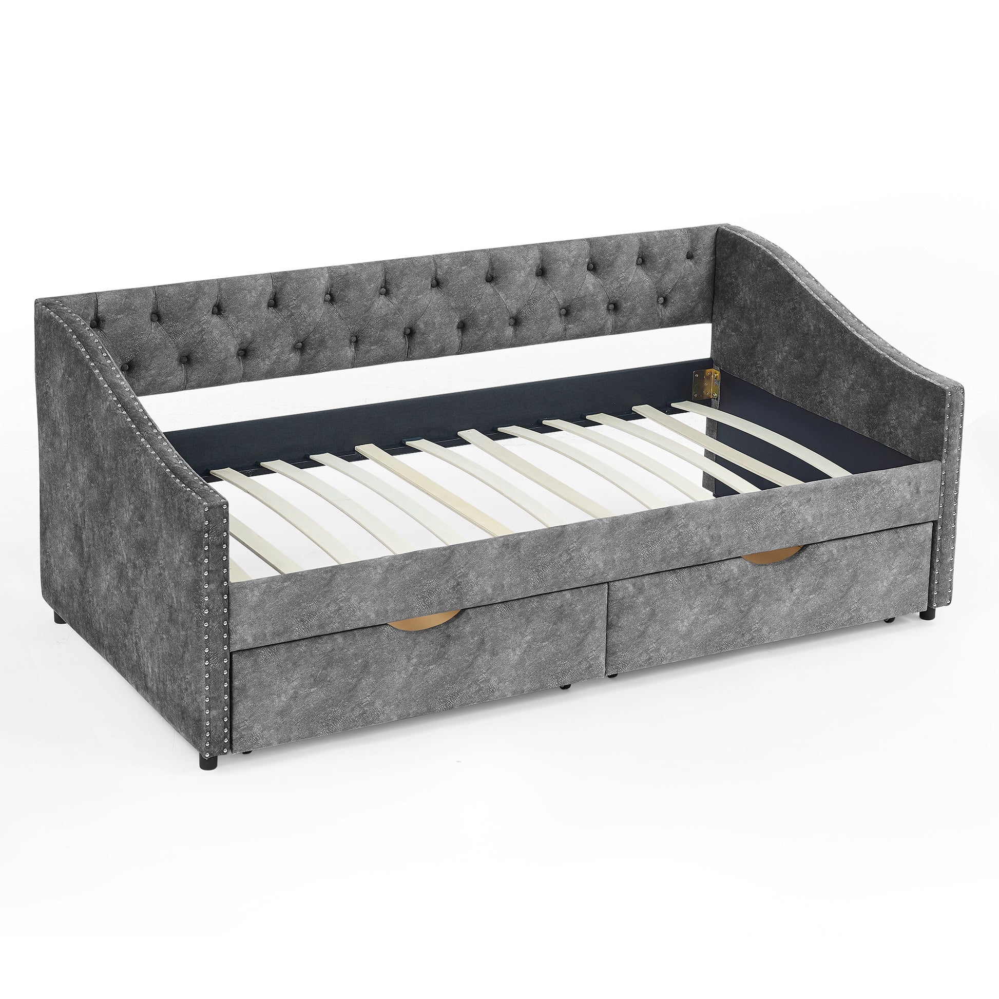 Twin Size Daybed With Drawers Upholstered Tufted Sofa Bed, With Button On Back And Copper Nail On Waved Shape Arms, Grey 81.5''X4''X30.5'' Grey Polyester