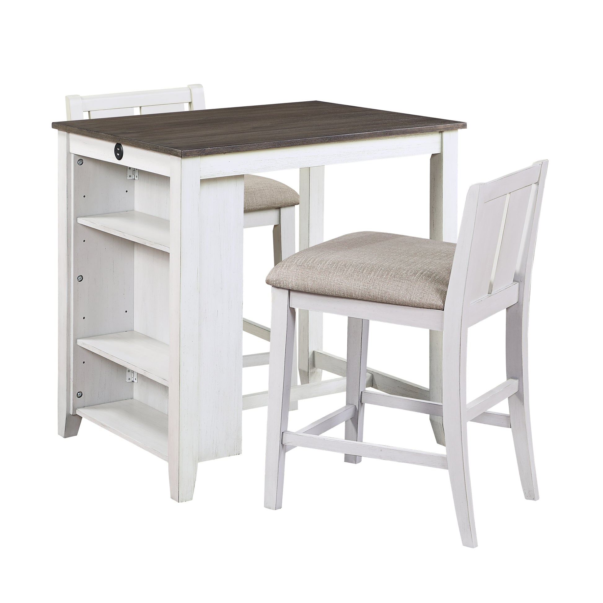 Transitional Design White And Gray Finish 3 Piece Pack Counter Height Set Table W Display Shelf Usb Ports And 2X Counter Height Chairs Fabric Upholstered Dining Furniture Wood White Seats 2 Wood Dining Room Transitional Rectangular Dining Table With