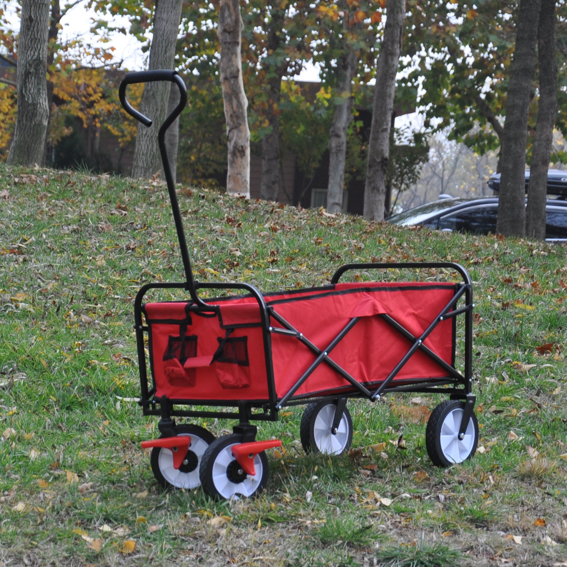 Folding Wagon Garden Shopping Beach Cart Red Red Metal