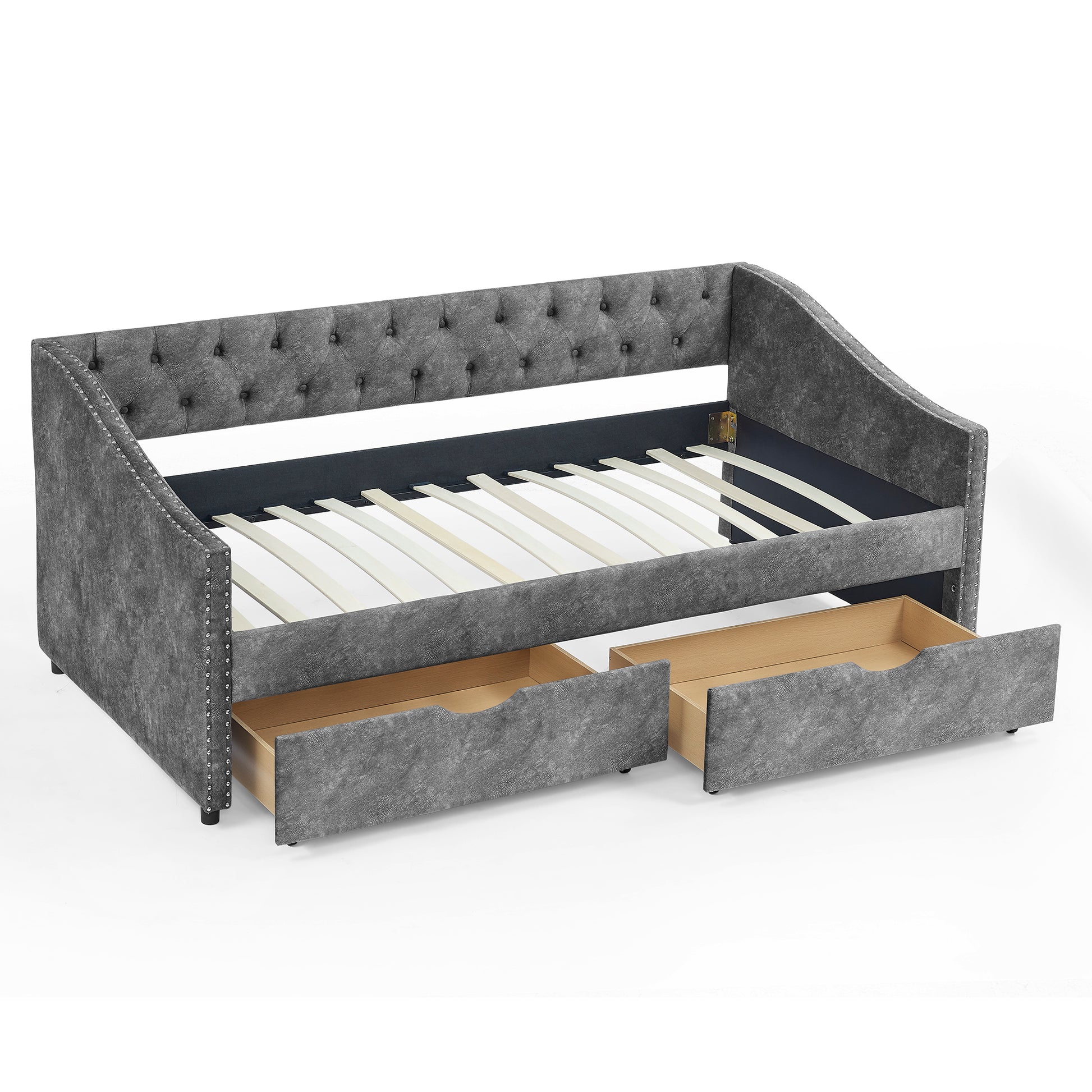 Twin Size Daybed With Drawers Upholstered Tufted Sofa Bed, With Button On Back And Copper Nail On Waved Shape Arms, Grey 81.5''X4''X30.5'' Grey Polyester