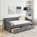 Twin Size Daybed With Drawers Upholstered Tufted Sofa Bed, With Button On Back And Copper Nail On Waved Shape Arms, Grey 81.5''X4''X30.5'' Grey Polyester