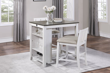 Transitional Design White And Gray Finish 3 Piece Pack Counter Height Set Table W Display Shelf Usb Ports And 2X Counter Height Chairs Fabric Upholstered Dining Furniture Wood White Seats 2 Wood Dining Room Transitional Rectangular Dining Table With