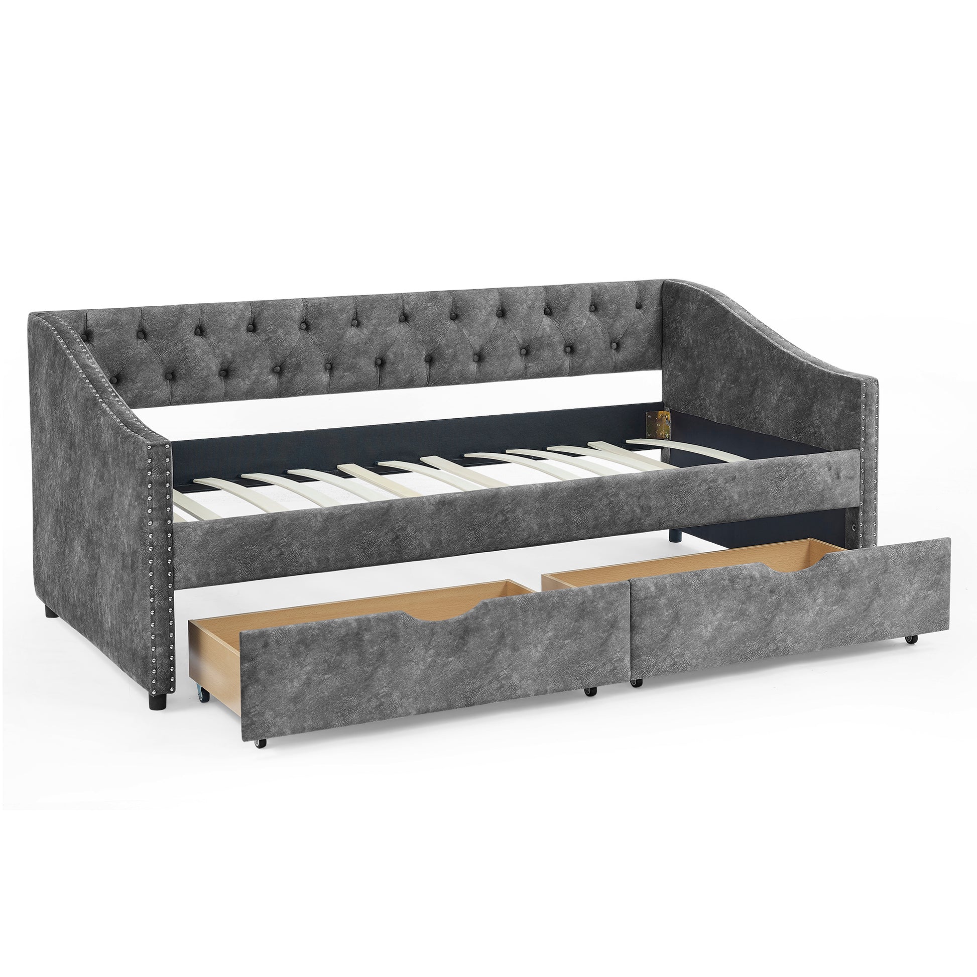 Twin Size Daybed With Drawers Upholstered Tufted Sofa Bed, With Button On Back And Copper Nail On Waved Shape Arms, Grey 81.5''X4''X30.5'' Grey Polyester