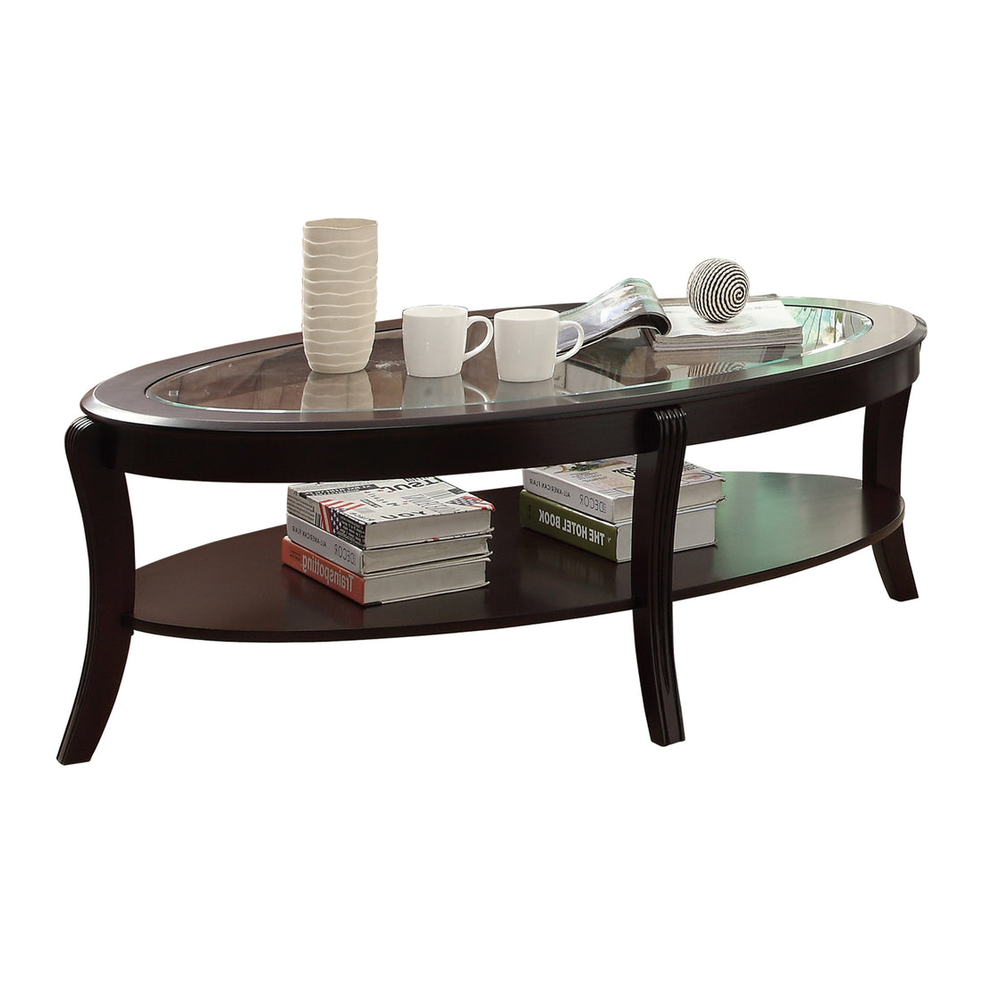 Rich Espresso Finish 1Pc Cocktail Table With Glass Inserted Top Curve Legs Lower Display Shelf Stylish Living Room Furniture Coffee Table Espresso Primary Living Space Wood