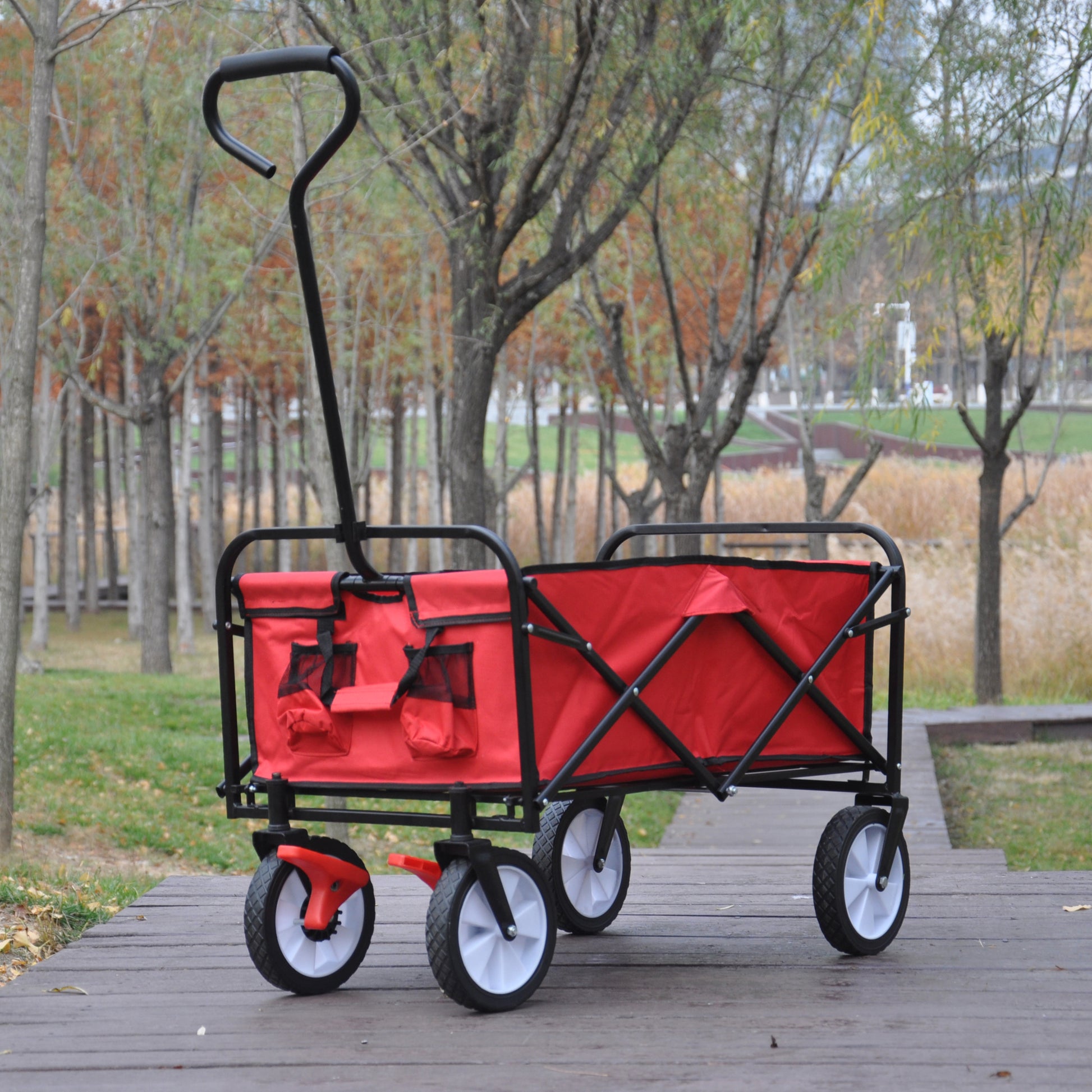 Folding Wagon Garden Shopping Beach Cart Red Red Metal