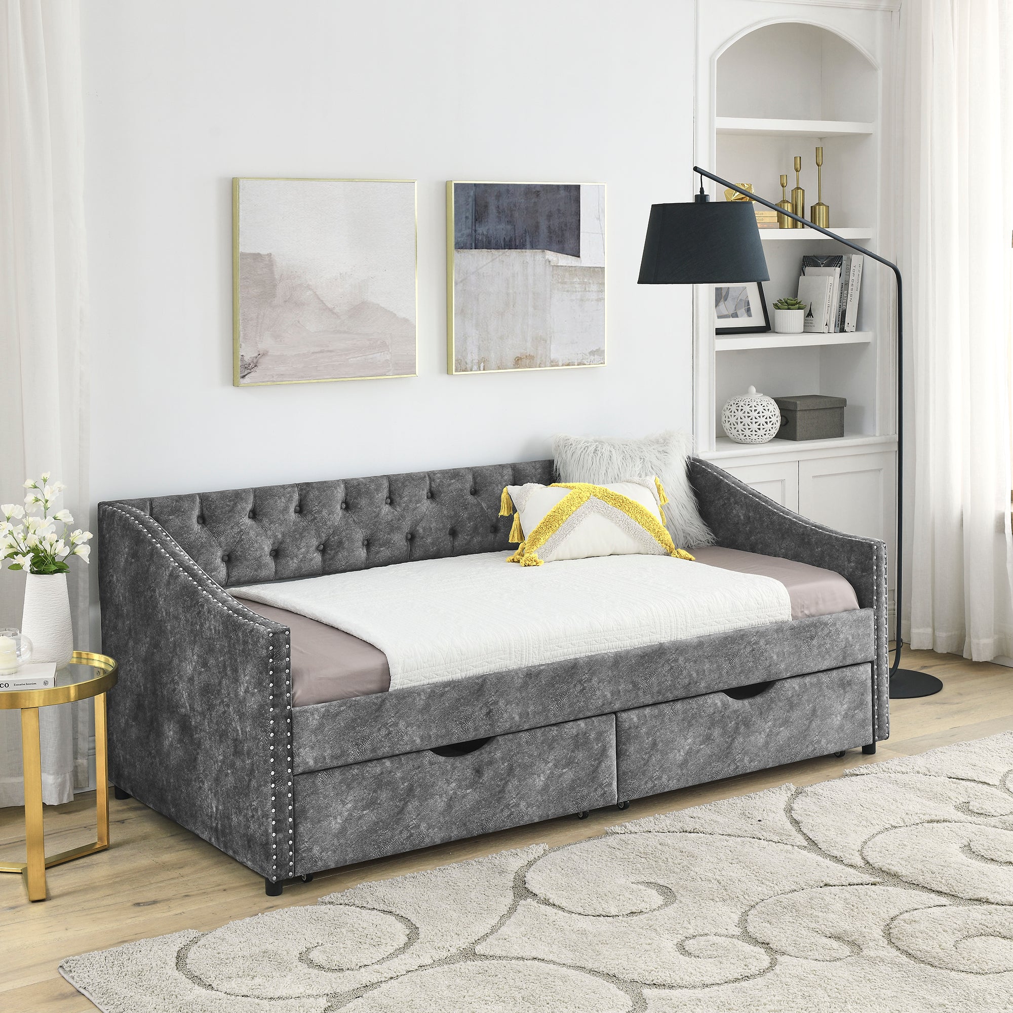 Twin Size Daybed With Drawers Upholstered Tufted Sofa Bed, With Button On Back And Copper Nail On Waved Shape Arms, Grey 81.5''X4''X30.5'' Grey Polyester