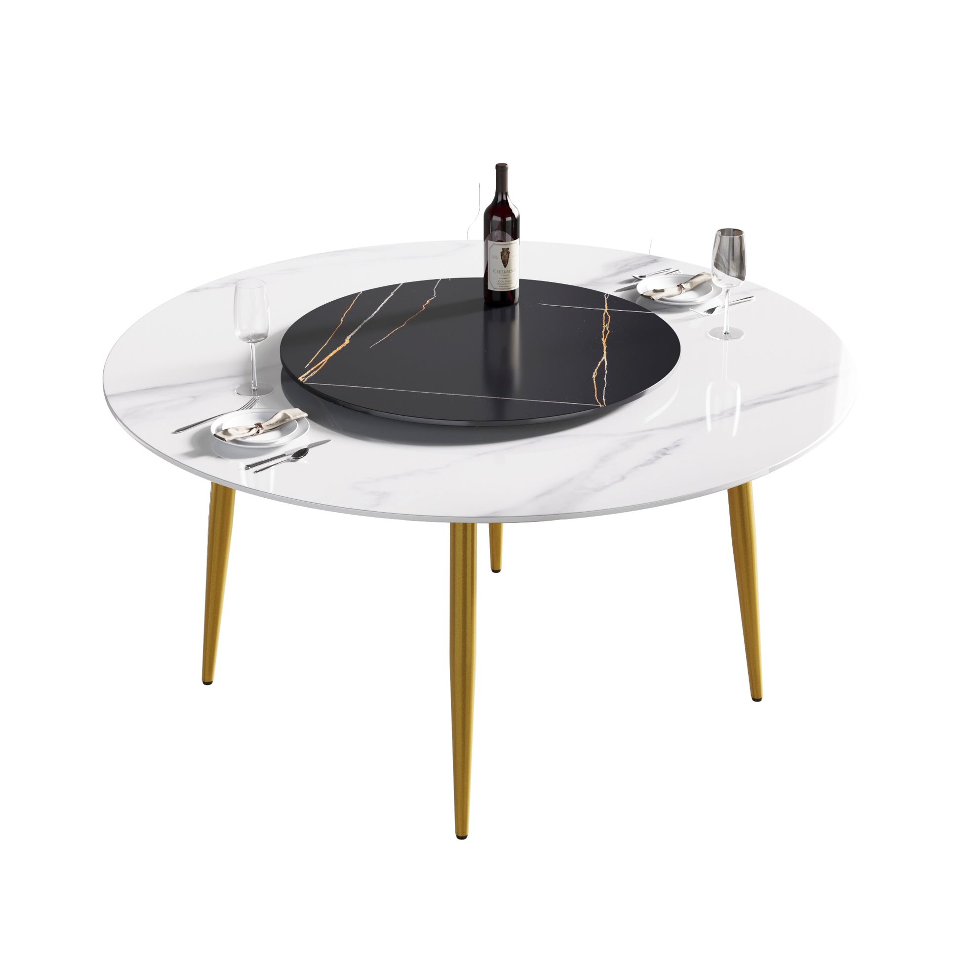 59.05"Modern Artificial Stone Round Golden Metal Dining Table Can Accommodate 6 People 31.5"Black Artificial Stone Turntable White Black Metal Marble