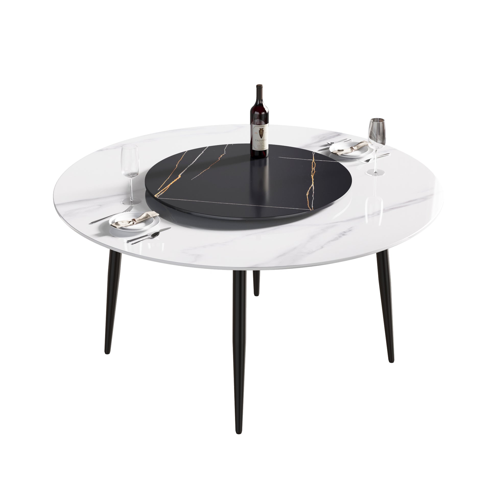 59.05"Modern Artificial Stone Round Black Metal Dining Table Can Accommodate 6 People 31.5"Black Artificial Stone Turntable Black White Metal Marble