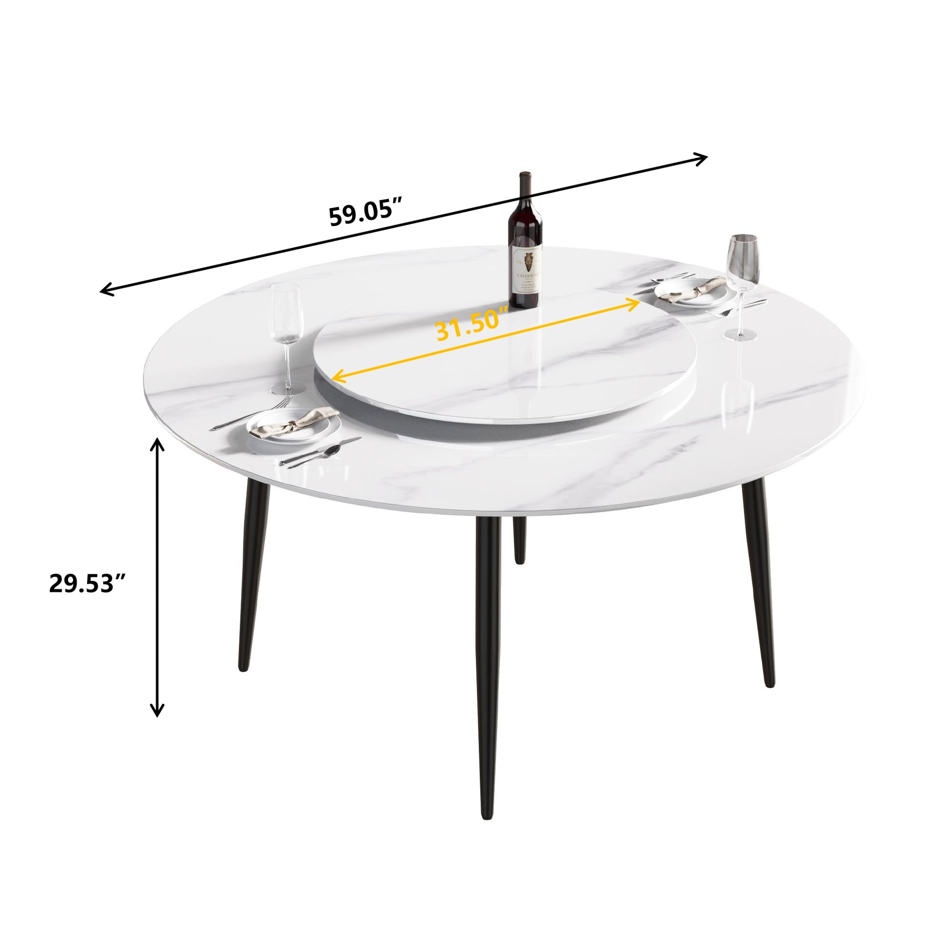 59.05"Modern Artificial Stone Round Black Metal Dining Table Can Accommodate 6 People 31.5"White Artificial Stone Turntable White Metal Marble