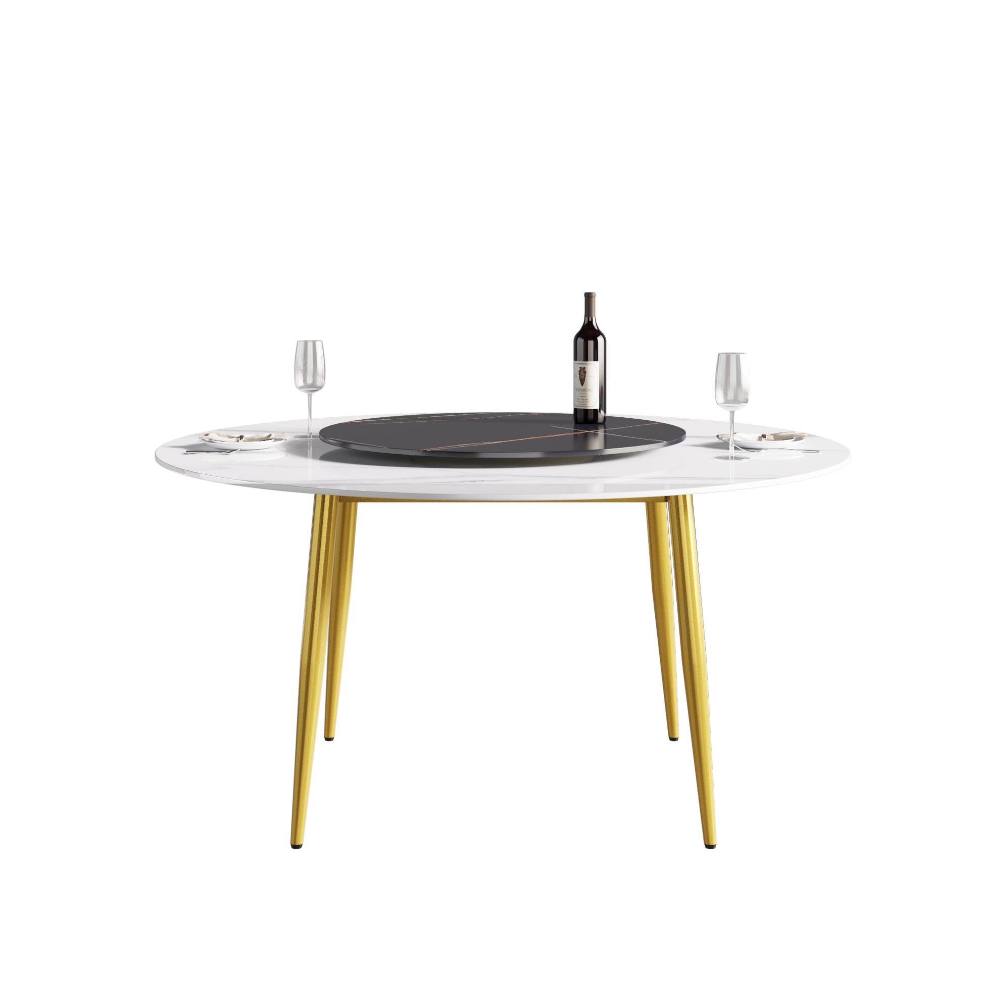 59.05"Modern Artificial Stone Round Golden Metal Dining Table Can Accommodate 6 People 31.5"Black Artificial Stone Turntable White Black Metal Marble