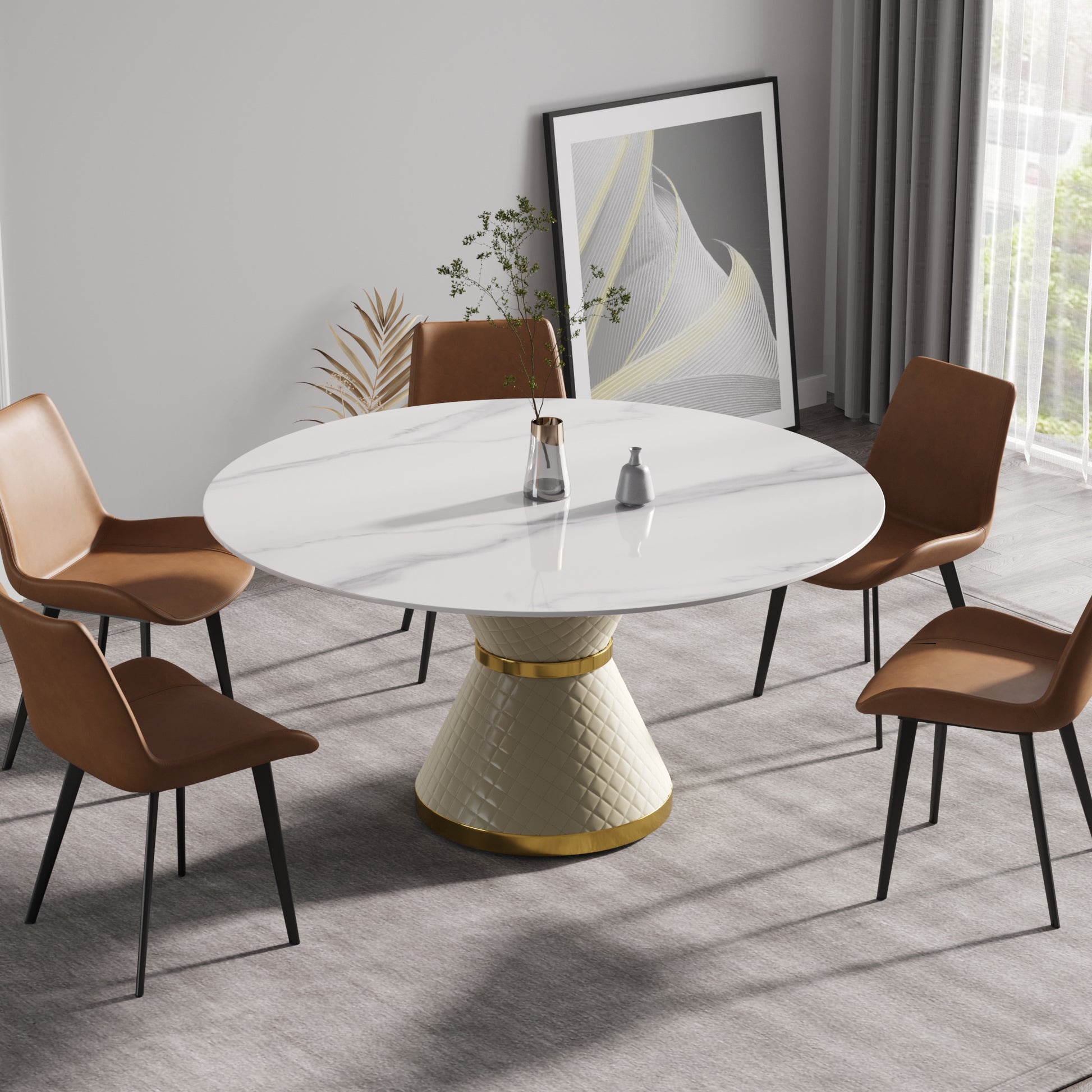 59.05"Modern Artificial Stone Round White Carbon Steel Base Dining Table Can Accommodate 6 People White Metal Marble