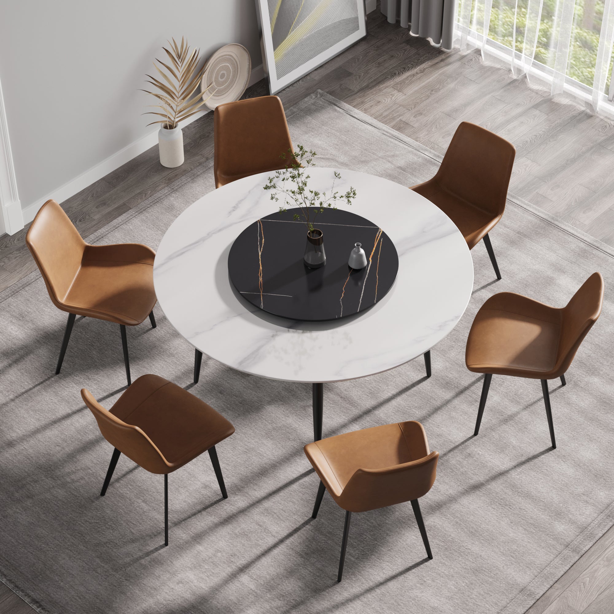 59.05"Modern Artificial Stone Round Black Metal Dining Table Can Accommodate 6 People 31.5"Black Artificial Stone Turntable Black White Metal Marble