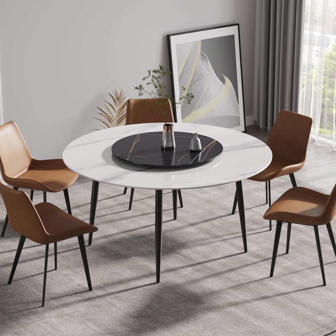 59.05"Modern Artificial Stone Round Black Metal Dining Table Can Accommodate 6 People 31.5"Black Artificial Stone Turntable Black White Metal Marble