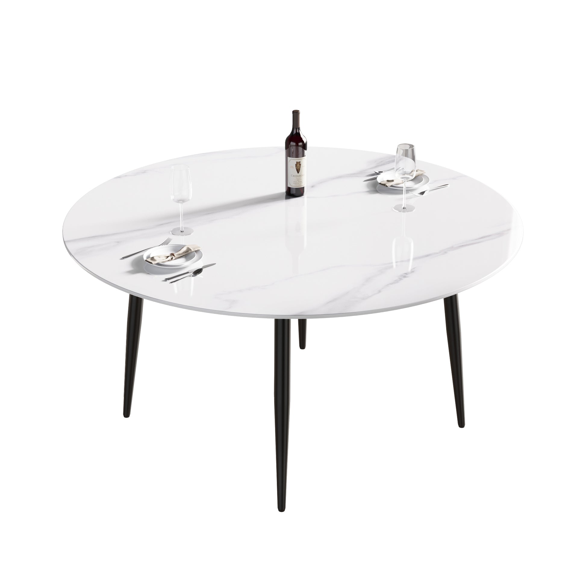 59.05"Modern Man Made Stone Round Black Metal Dining Table Position For 6 People White Metal Marble