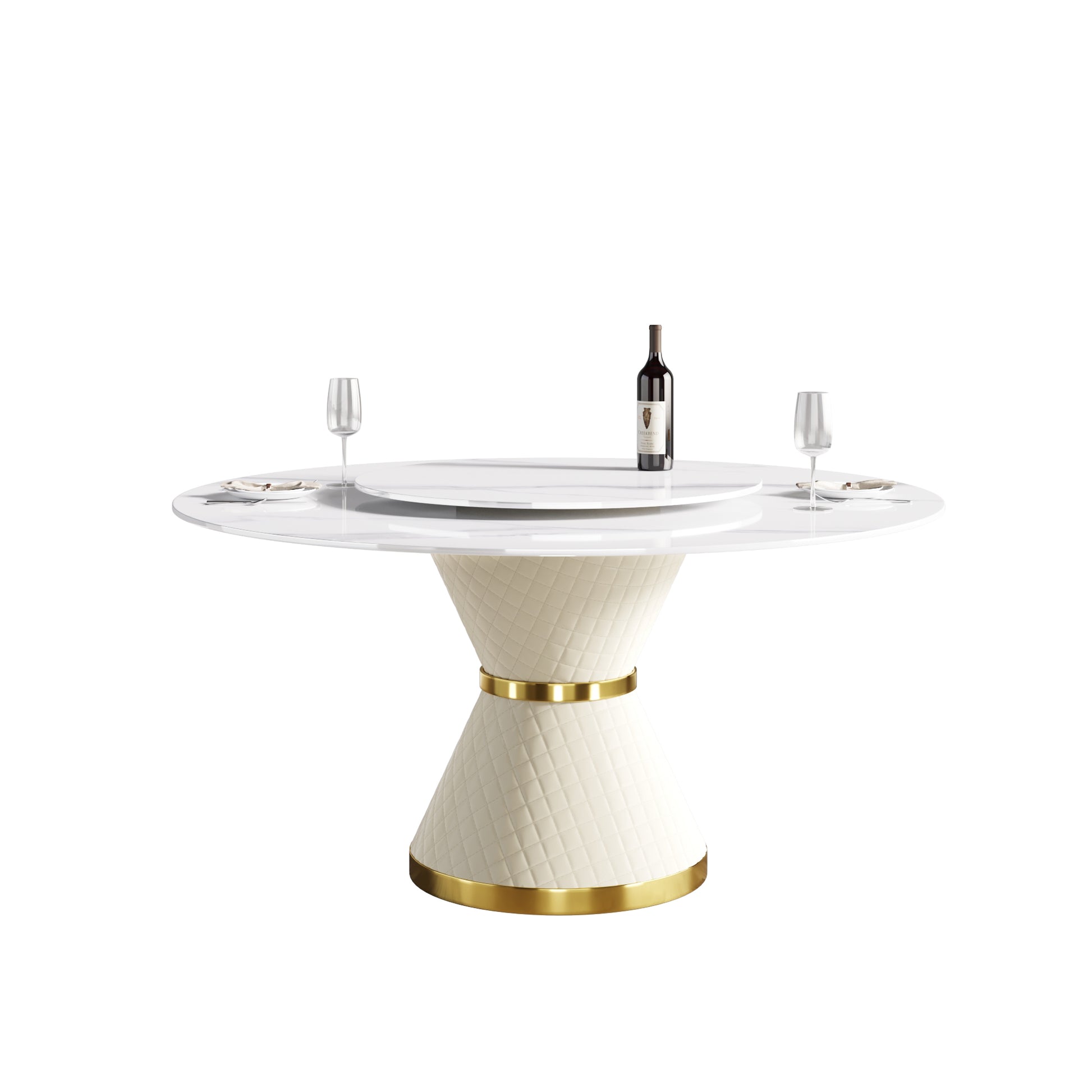 59.05"Modern Artificial Stone Round White Carbon Steel Base Dining Table Can Accommodate 6 People 31.5"White Artificial Stone Turntable White Metal Marble