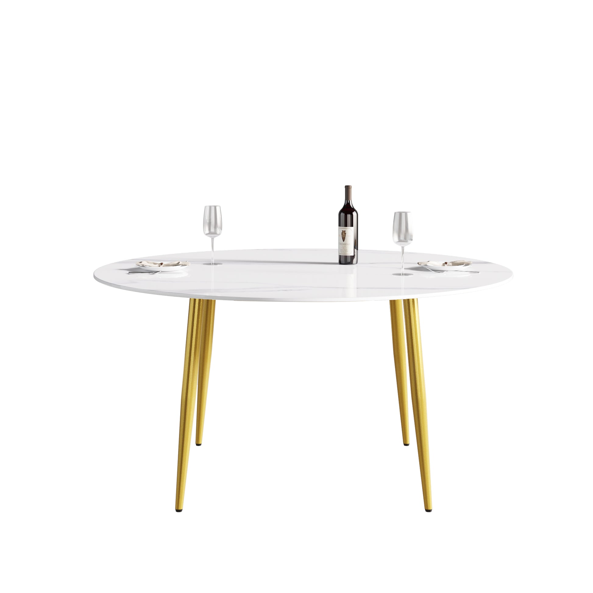 59.05"Modern Man Made Stone Round Golden Metal Dining Table Position For 6 People White Metal Marble
