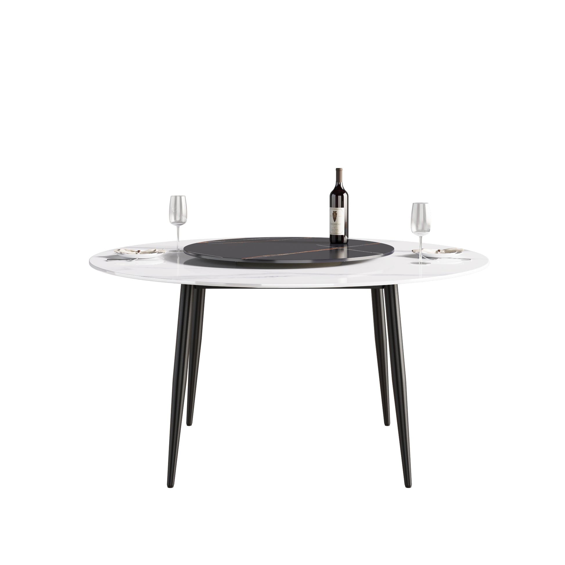 59.05"Modern Artificial Stone Round Black Metal Dining Table Can Accommodate 6 People 31.5"Black Artificial Stone Turntable Black White Metal Marble