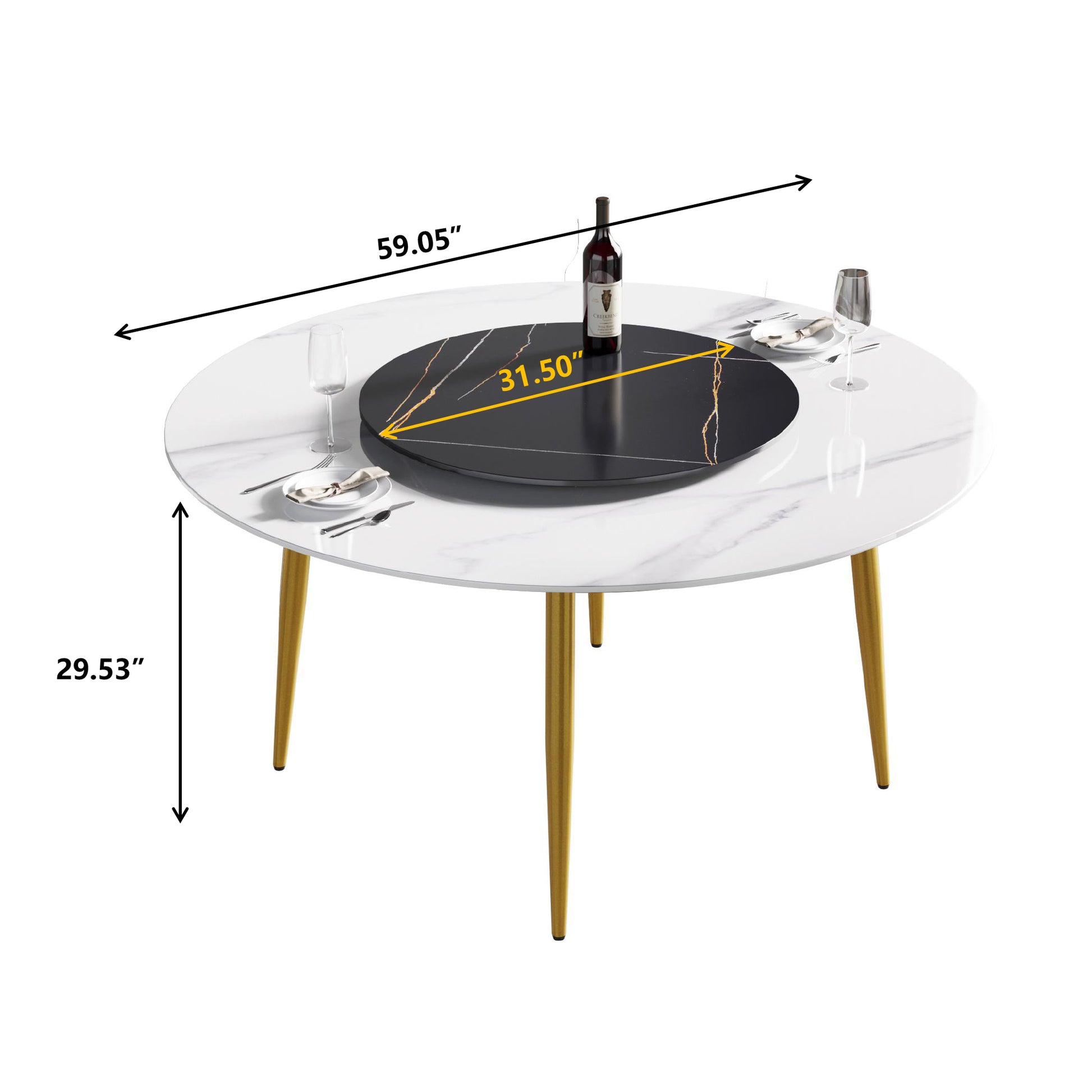 59.05"Modern Artificial Stone Round Golden Metal Dining Table Can Accommodate 6 People 31.5"Black Artificial Stone Turntable White Black Metal Marble