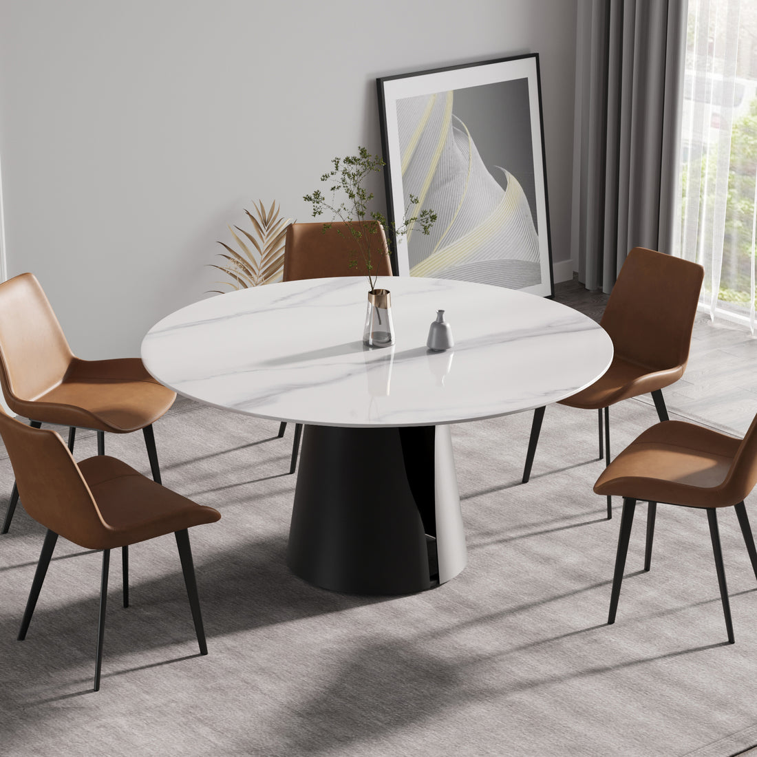 59.05"Modern Artificial Stone Round Black Carbon Steel Base Dining Table Can Accommodate 6 People White Metal Marble