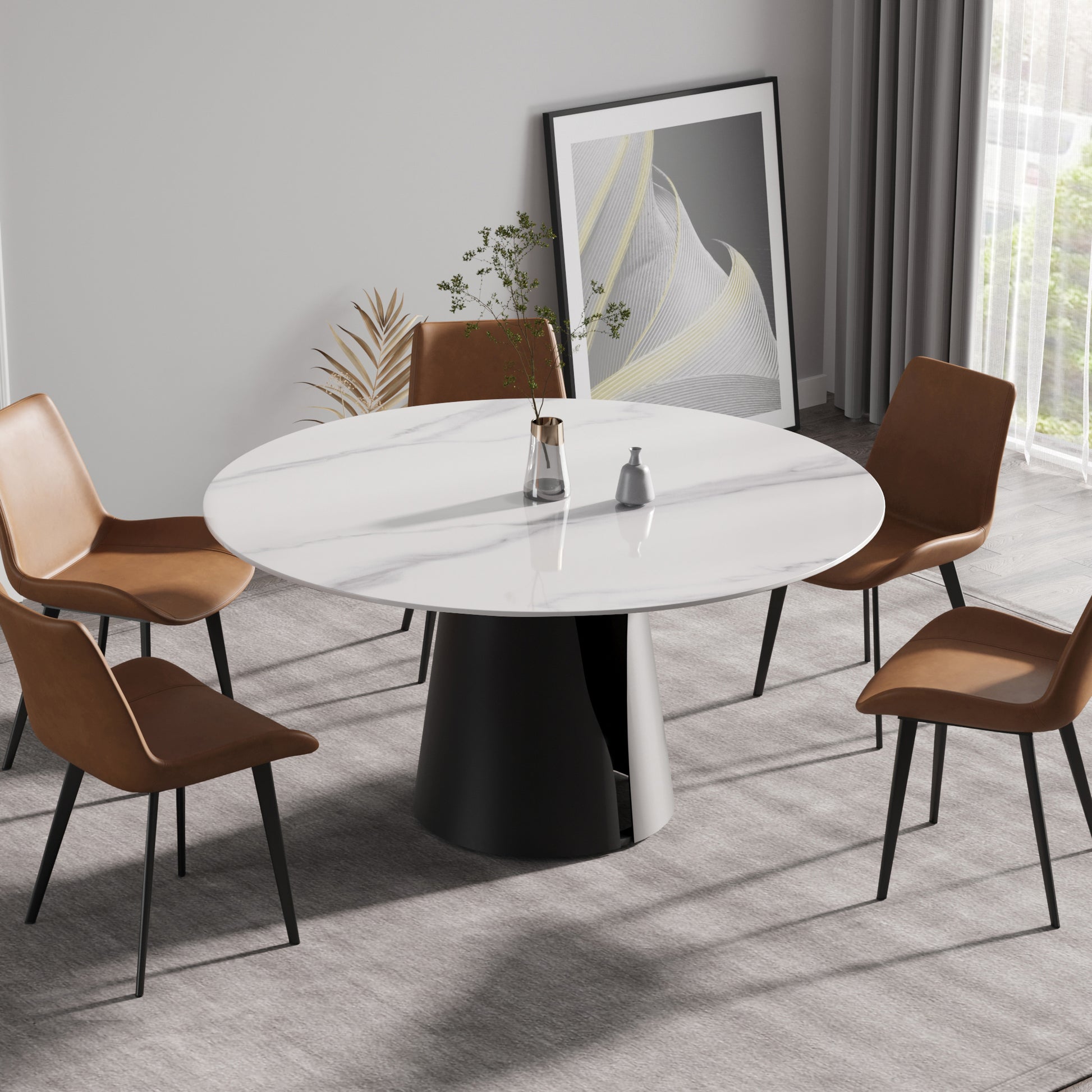 59.05"Modern Artificial Stone Round Black Carbon Steel Base Dining Table Can Accommodate 6 People White Metal Marble