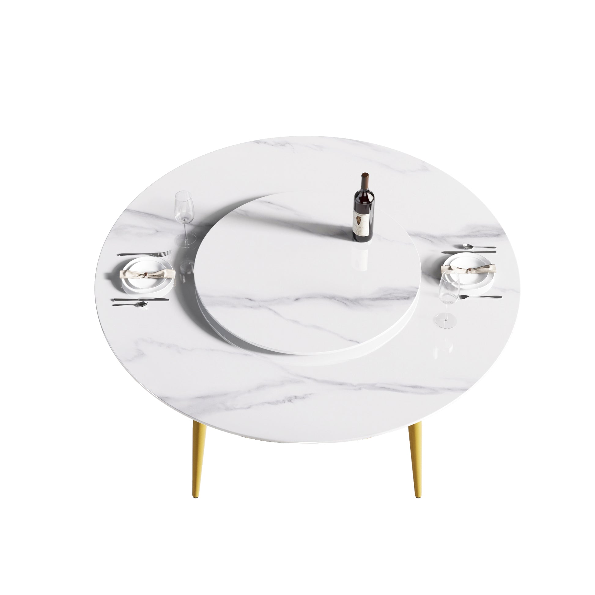 59.05"Modern Artificial Stone Round Golden Metal Dining Table Can Accommodate 6 People 31.5"White Artificial Stone Turntable White Metal Marble