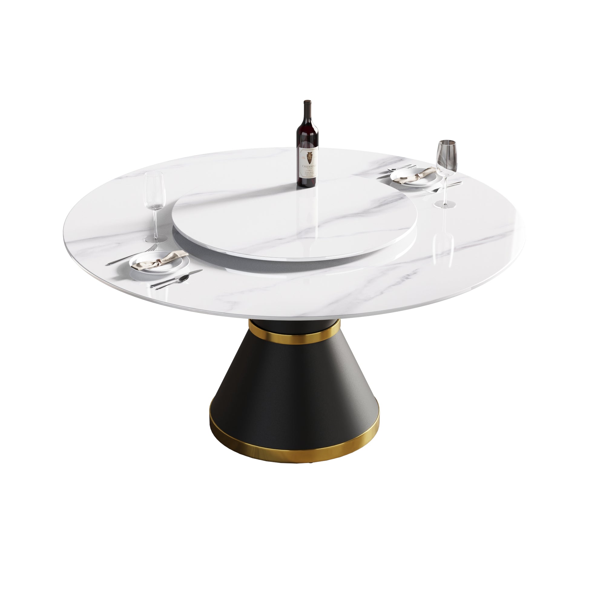 59.05"Modern Artificial Stone Round Black Carbon Steel Base Dining Table Can Accommodate 6 People 31.5"White Artificial Stone Turntable White Metal Marble