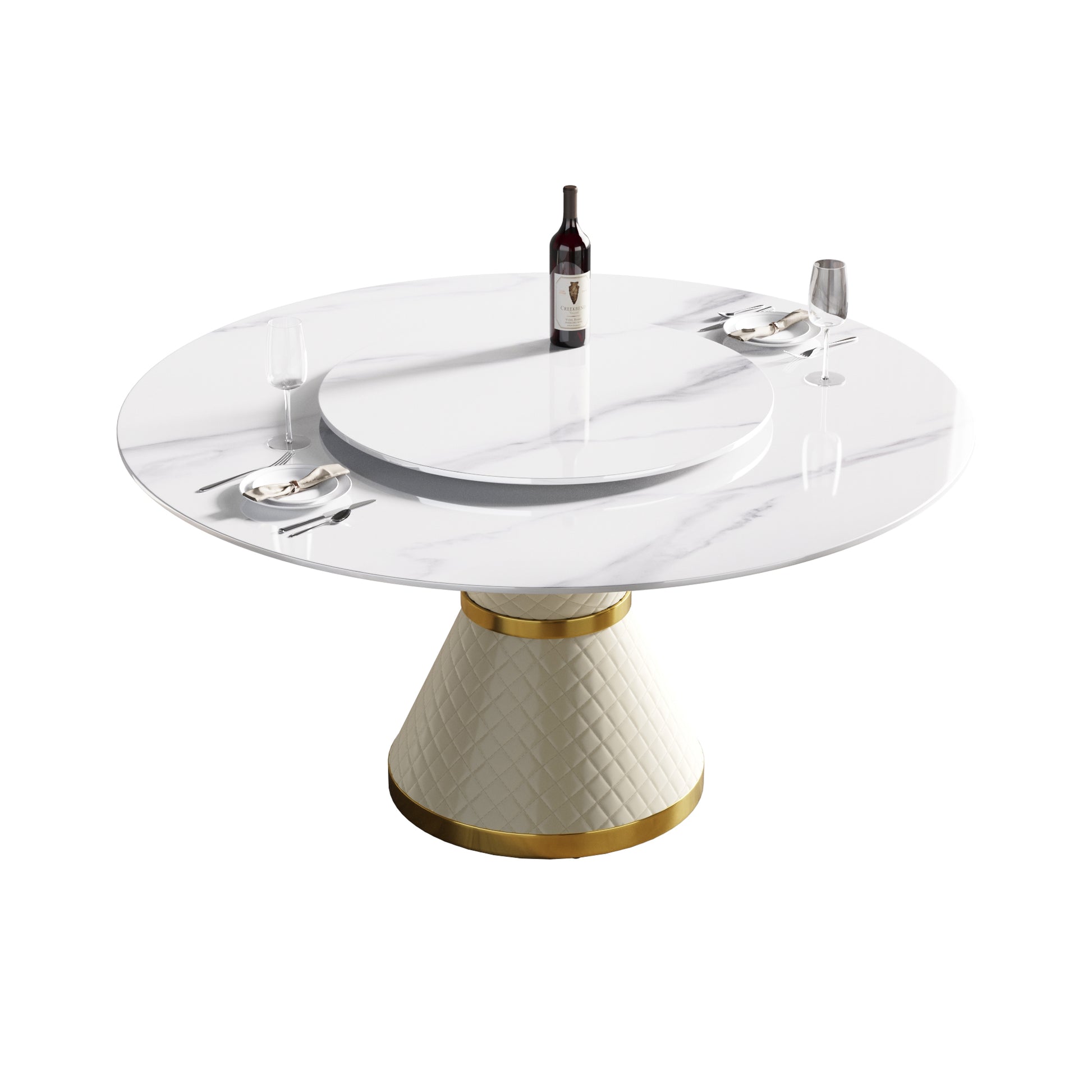 59.05"Modern Artificial Stone Round White Carbon Steel Base Dining Table Can Accommodate 6 People 31.5"White Artificial Stone Turntable White Metal Marble