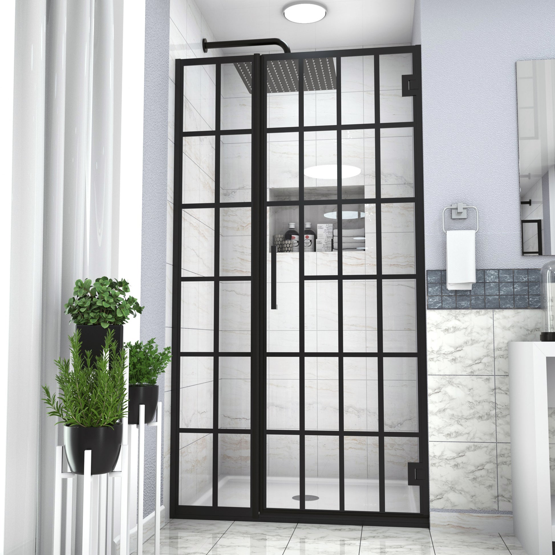 Shower Door 34" W x 72" H Pivot Frameless Shower Door matte black-glass