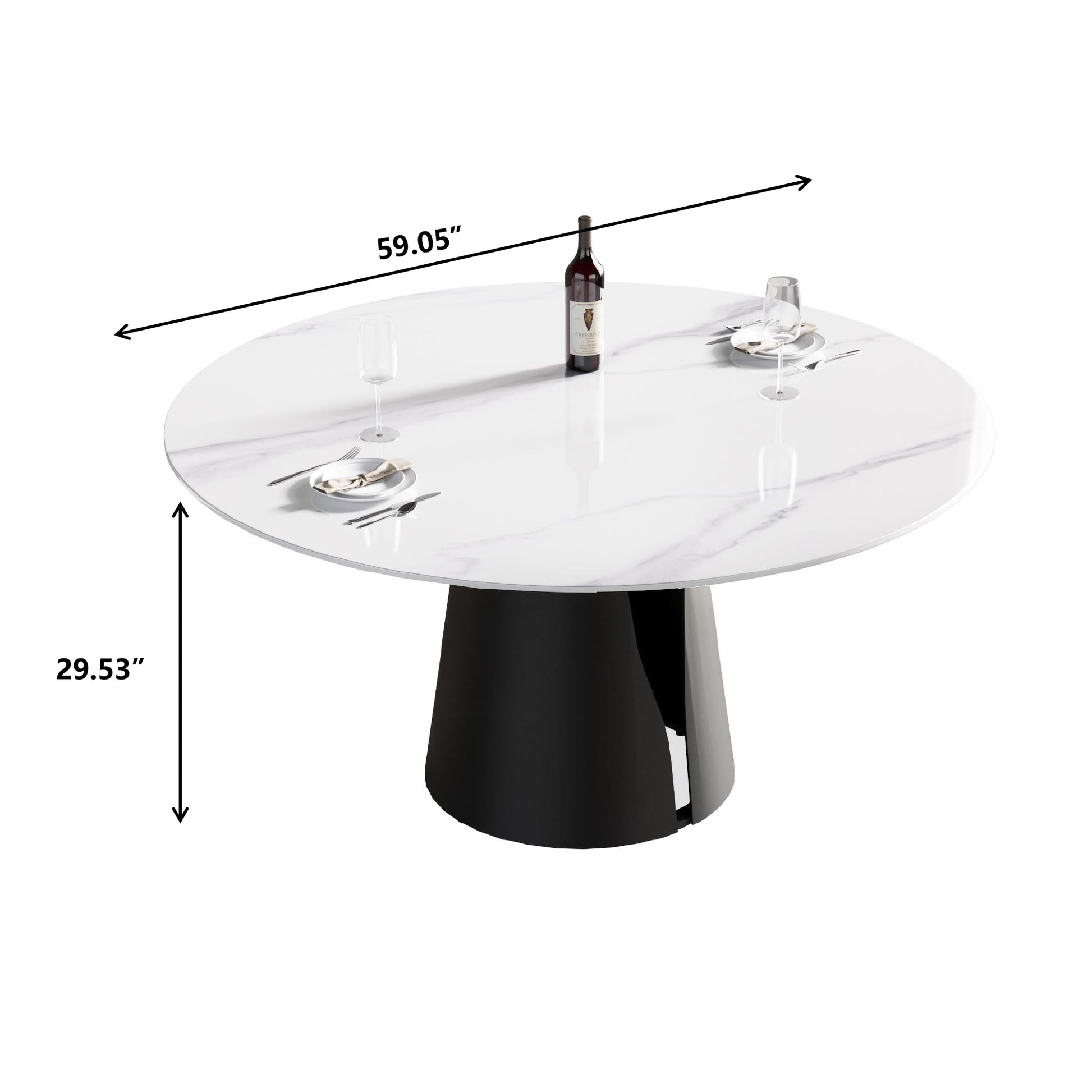 59.05"Modern Artificial Stone Round Black Carbon Steel Base Dining Table Can Accommodate 6 People White Metal Marble