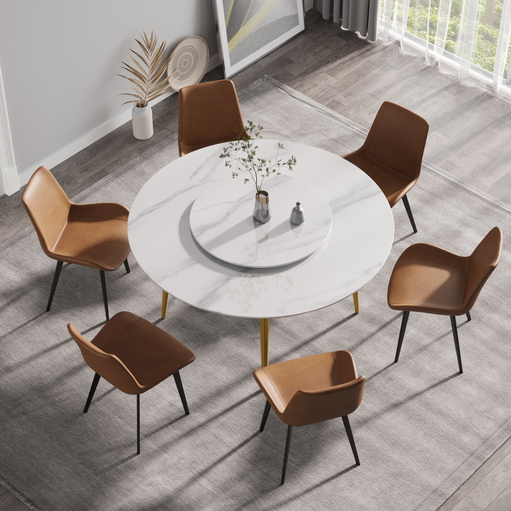 59.05"Modern Artificial Stone Round Golden Metal Dining Table Can Accommodate 6 People 31.5"White Artificial Stone Turntable White Metal Marble